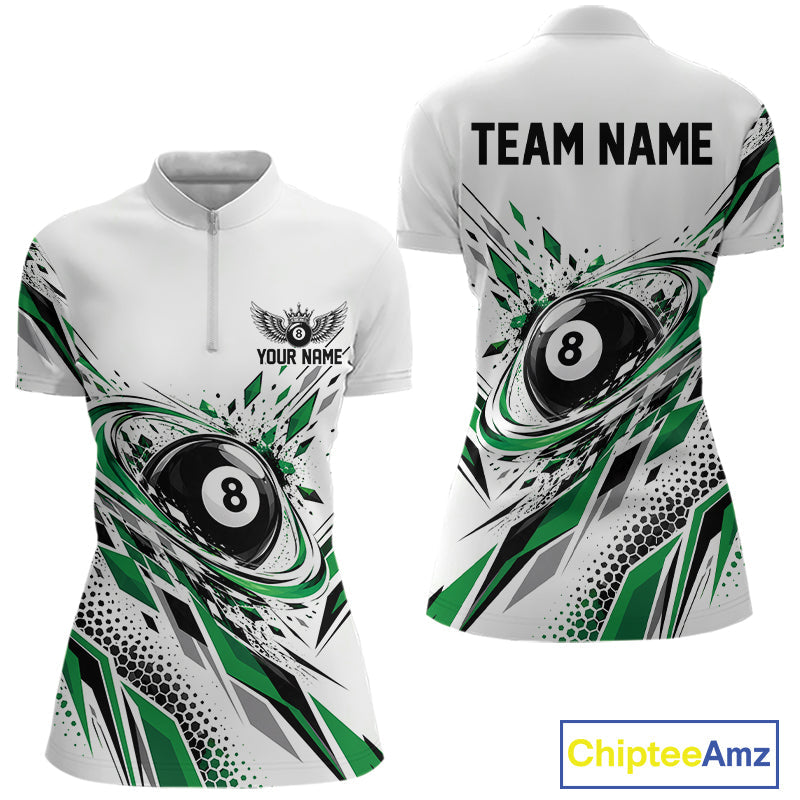 Custom White And Green Geometric 8 Ball Billiard Quarter-Zip Jersey