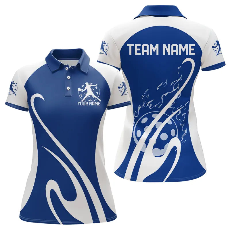 Custom White And Blue Pickleball Polo Shirts, Flame Pickleball Tournament Team Shirt