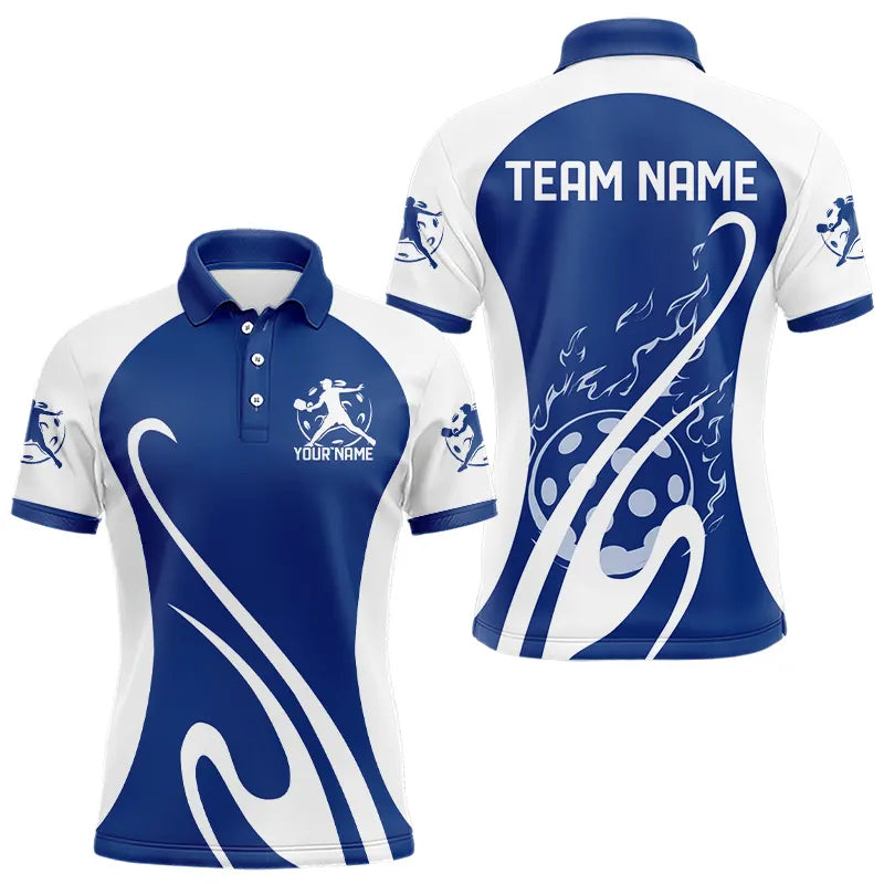 Custom White And Blue Pickleball Polo Shirts, Flame Pickleball Tournament Team Shirt