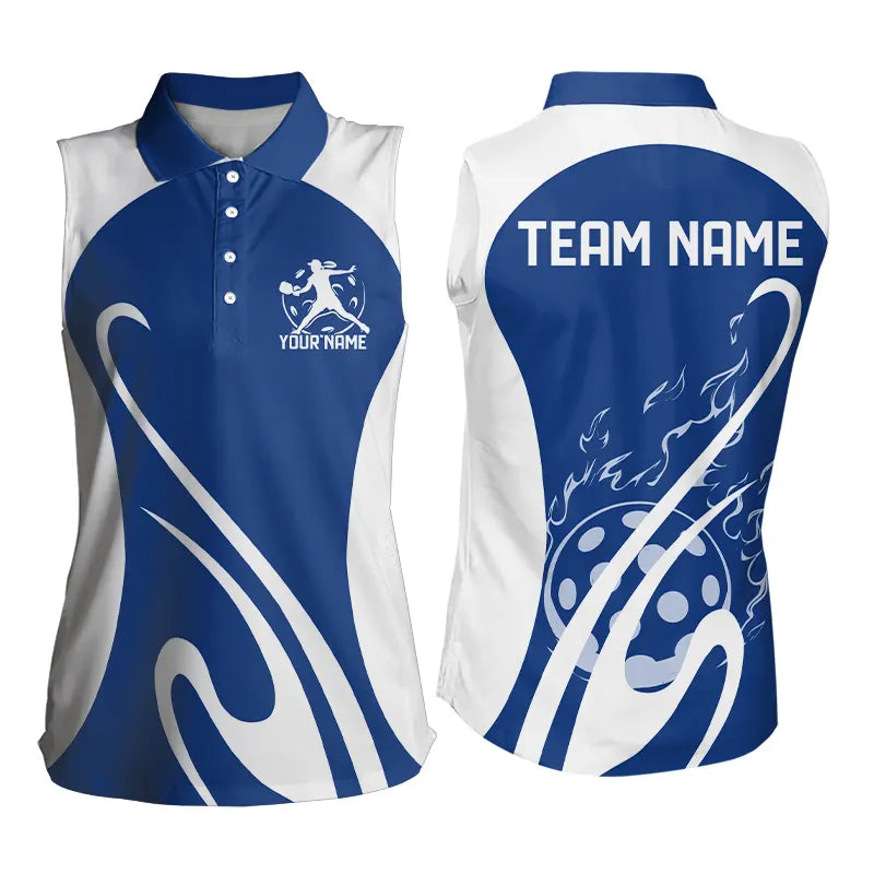 Custom White And Blue Pickleball Sleeveless Polo Shirts, Flame Pickleball Tournament Shirt
