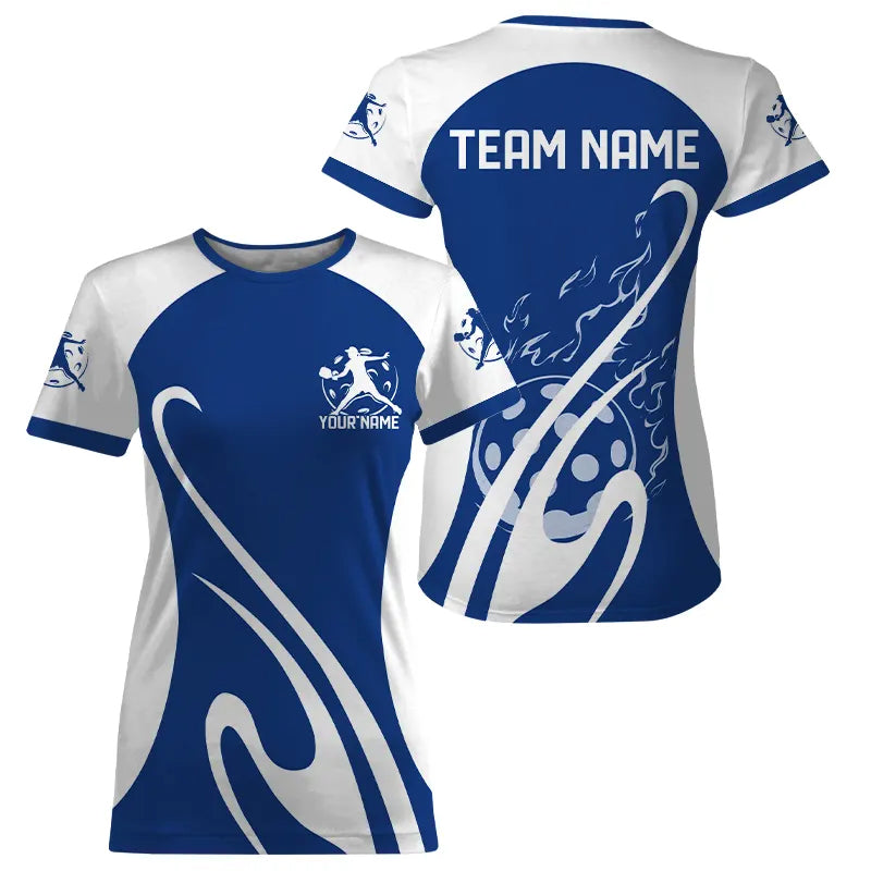 Custom White And Blue Pickleball T-Shirts, Flame Pickleball Tournament Team Shirt