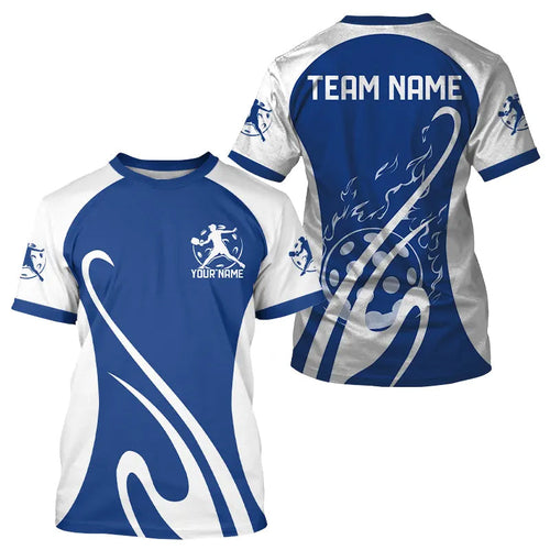 Custom White And Blue Pickleball T-Shirts, Flame Pickleball Tournament Team Shirt