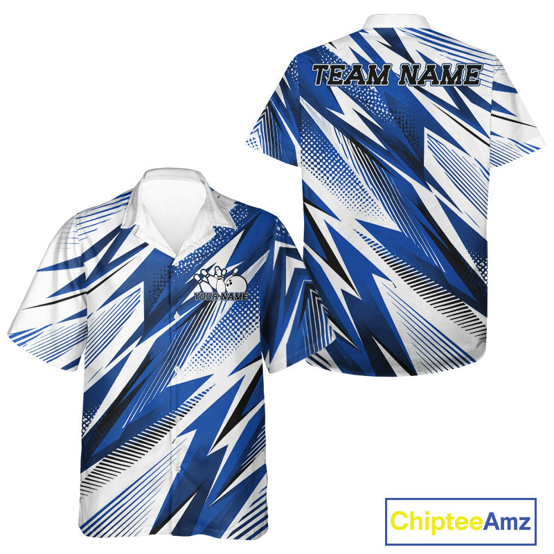 Custom Blue Bowling Team And Hawaiian Shirts, Bowling League Shirt Bowler Jerseys
