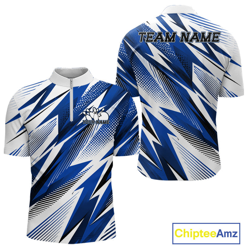 Custom Blue Bowling Team Quarter-Zip Shirts, Bowling League Shirt Bowler Jerseys