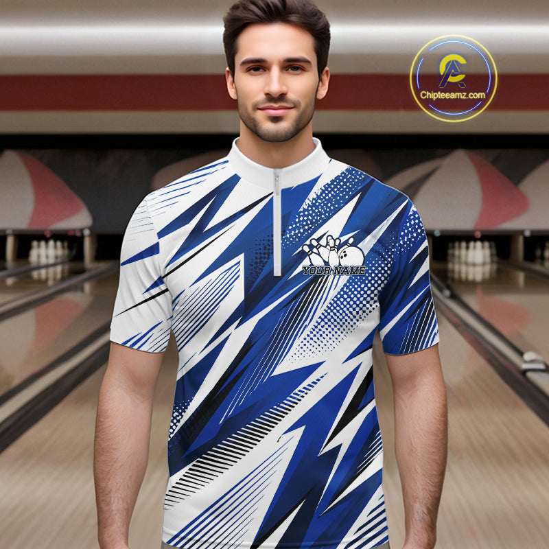 Custom Blue Bowling Team Quarter-Zip Shirts, Bowling League Shirt Bowler Jerseys