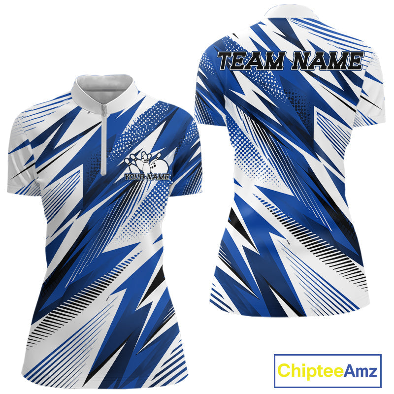 Custom Blue Bowling Team Quarter-Zip Shirts, Bowling League Shirt Bowler Jerseys