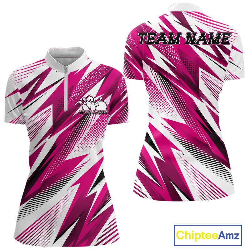 Custom Pink Bowling Team Quarter-Zip Shirts, Bowling League Shirt Bowler Jerseys
