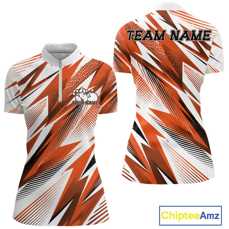 Custom Orange Bowling Team Quarter-Zip Shirts, Bowling League Shirt Bowler Jerseys