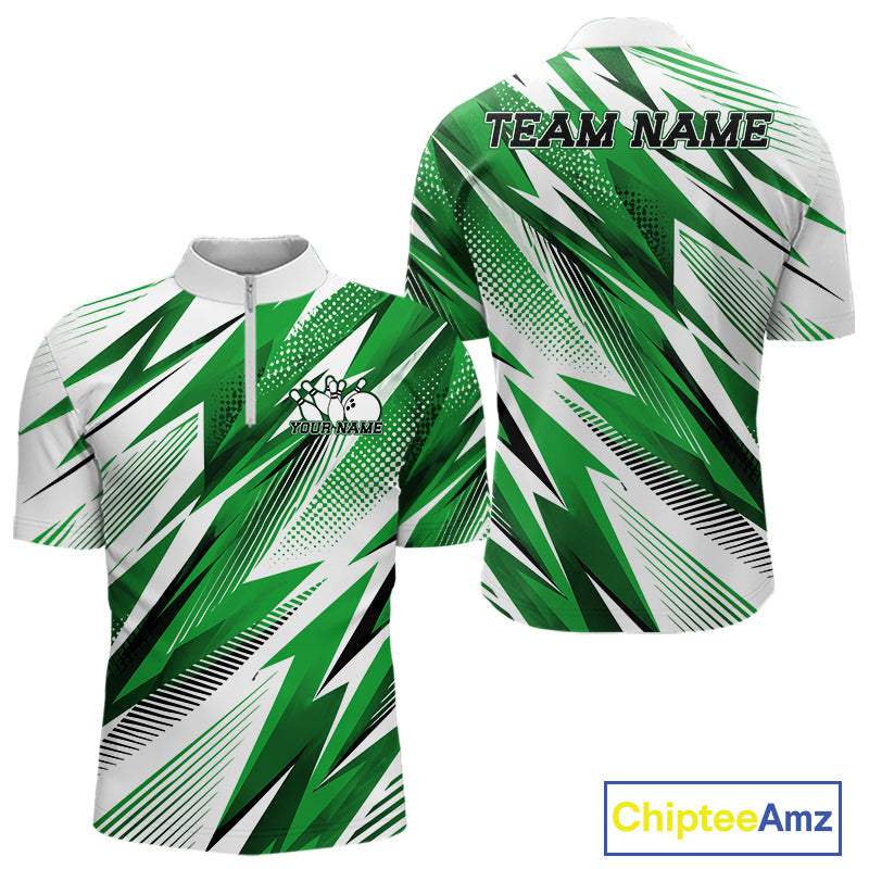 Custom Green Bowling Team Quarter-Zip Shirts, Bowling League Shirt Bowler Jerseys