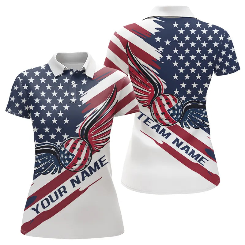 Custom US Flag Patriotic Pickleball Polo Shirts, Pickleball Ball With Wings Shirt