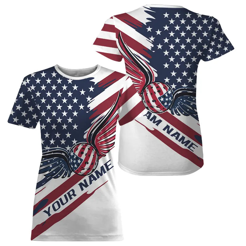 Custom US Flag Patriotic Pickleball T-Shirts, Pickleball Ball With Wings Shirt