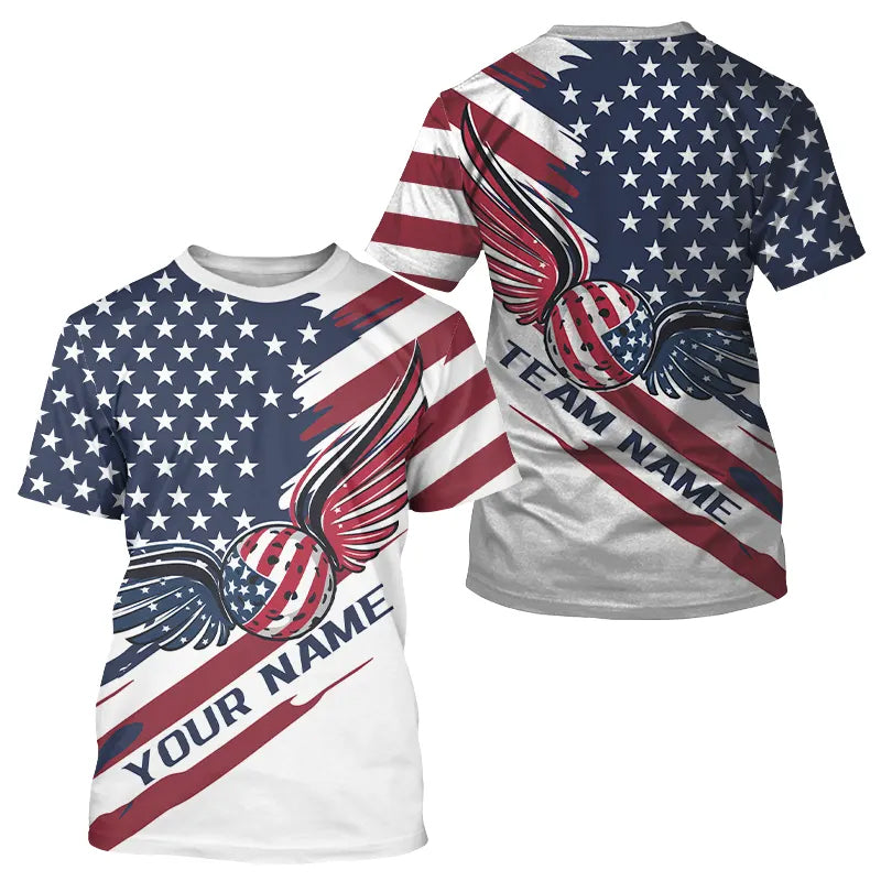 Custom US Flag Patriotic Pickleball T-Shirts, Pickleball Ball With Wings Shirt