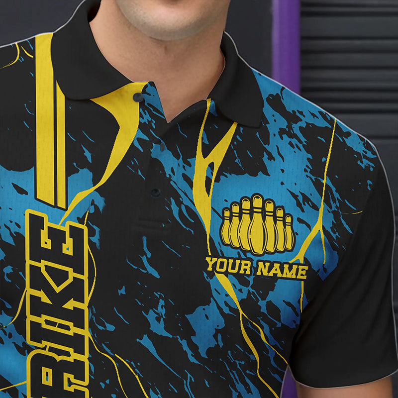 Custom Blue And Yellow Strike Bowling Polo Shirts, Bowling League Team Uniform