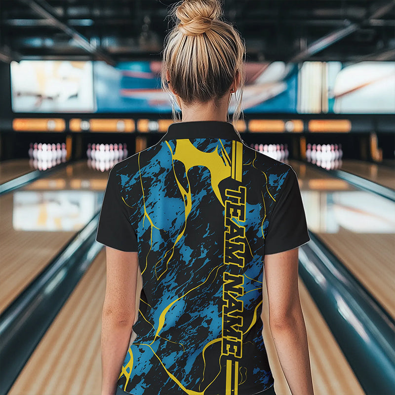 Custom Blue And Yellow Strike Bowling Polo Shirts, Bowling League Team Uniform