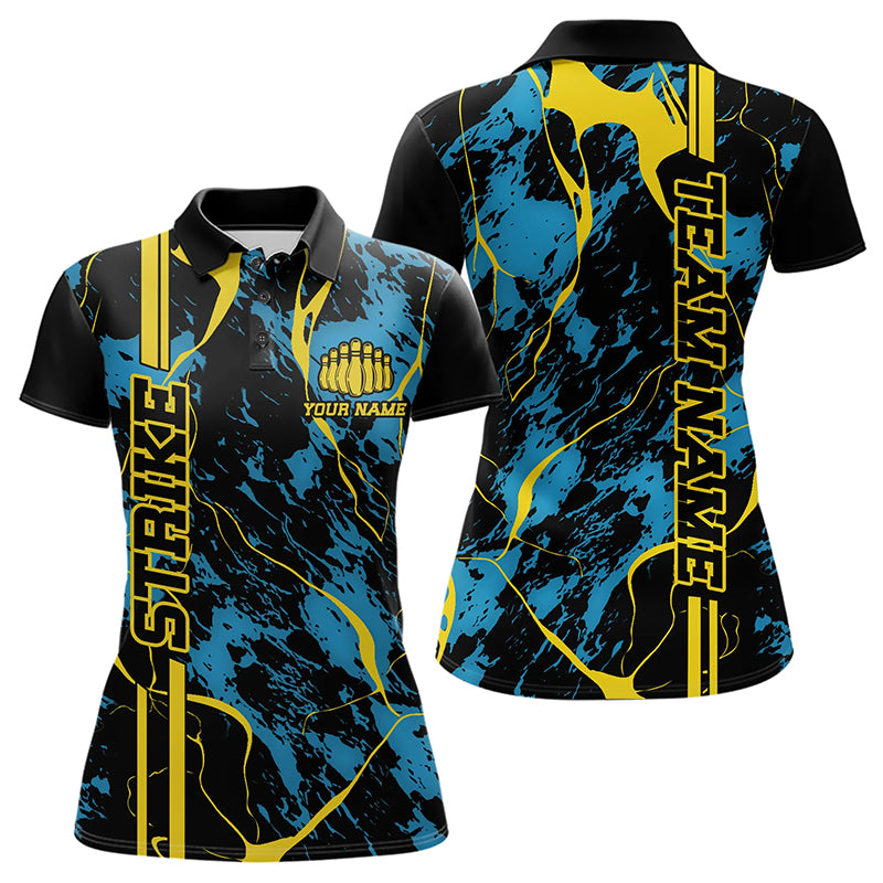 Custom Blue And Yellow Strike Bowling Polo Shirts, Bowling League Team Uniform