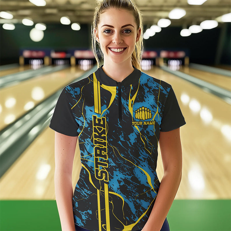 Custom Blue And Yellow Strike Bowling Quarter-Zip Shirts, Bowling League Team Uniform