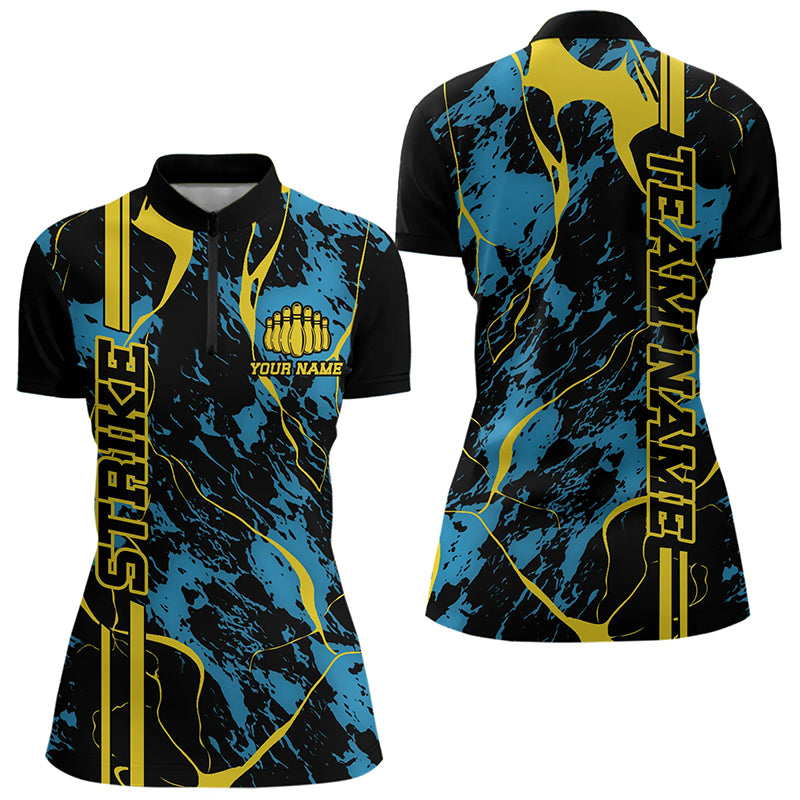 Custom Blue And Yellow Strike Bowling Quarter-Zip Shirts, Bowling League Team Uniform