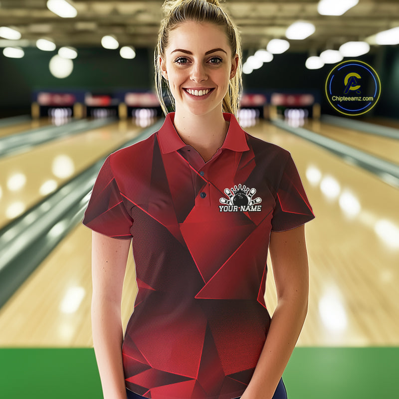 Custom Red Fragmental Pattern Background Bowling Team Polo Shirt, Bowling Jerseys