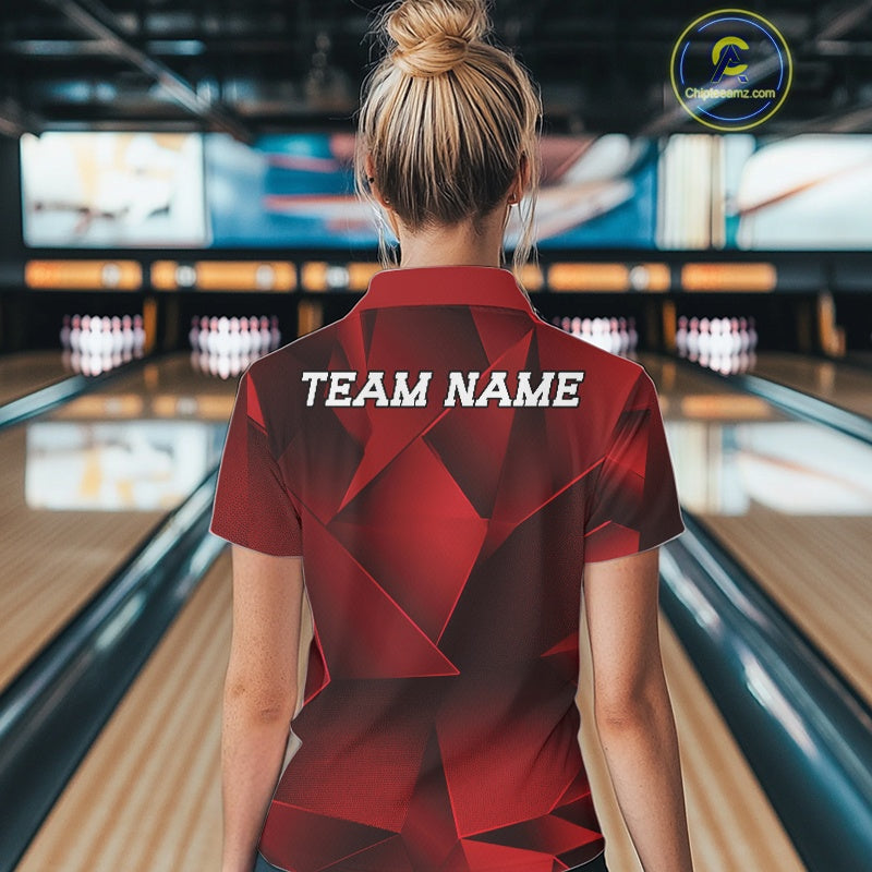 Custom Red Fragmental Pattern Background Bowling Team Polo Shirt, Bowling Jerseys