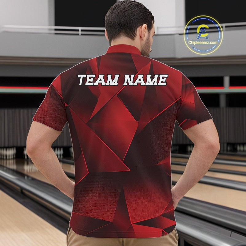 Custom Red Fragmental Pattern Background Bowling Team Quarter-Zip Shirt, Bowling Jerseys