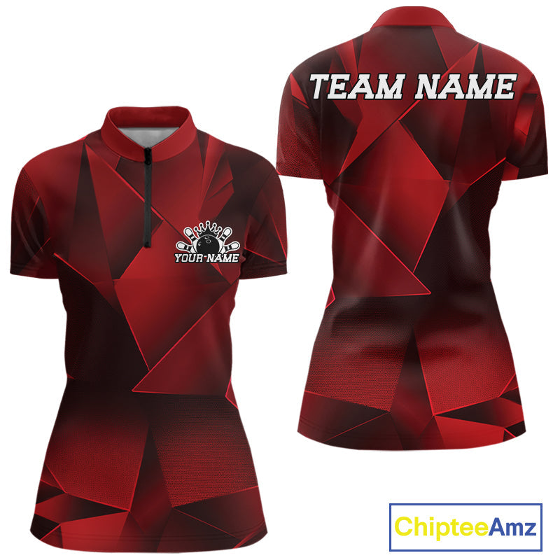 Custom Red Fragmental Pattern Bowling Team Quarter-Zip Shirt, Bowling Jerseys