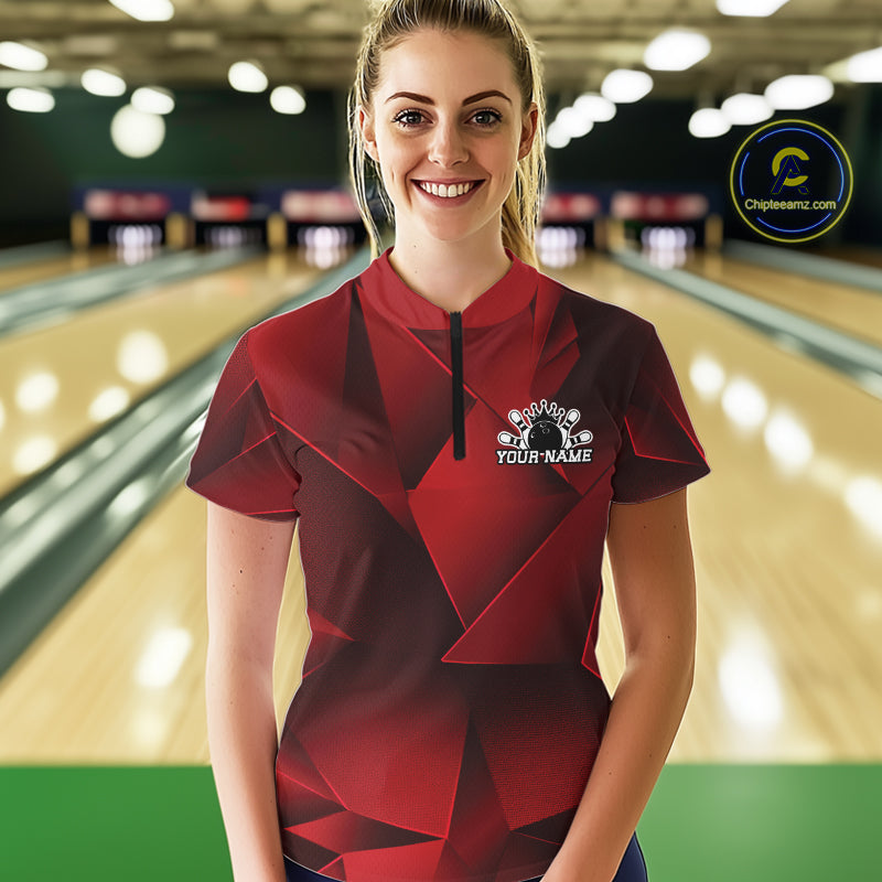 Custom Red Fragmental Pattern Bowling Team Quarter-Zip Shirt, Bowling Jerseys