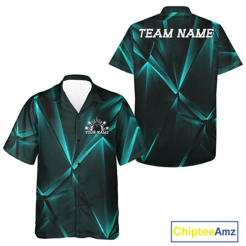 Custom Turquoise Blue Fragmental Pattern Background And Bowling Team Hawaiian Shirt Jersey
