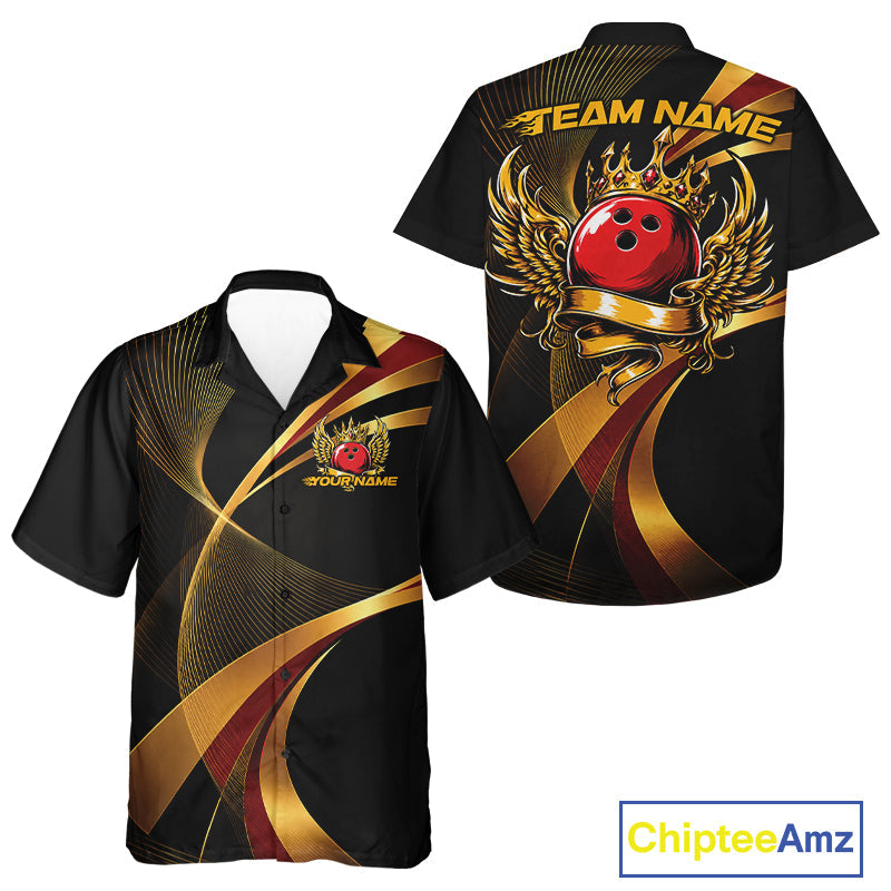 Red And Gold Bowling Ball With Wings And Crown Custom And Hawaiian Shirts Bowling Jerseys