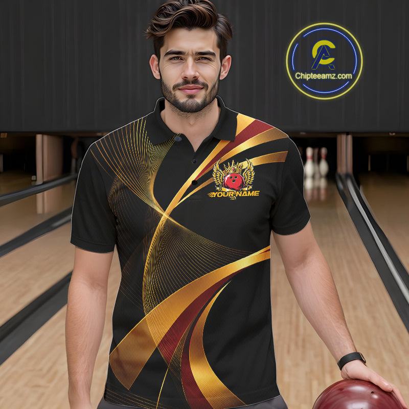 Red And Gold Bowling Ball With Wings And Crown Custom Polo Shirts Bowling Jerseys