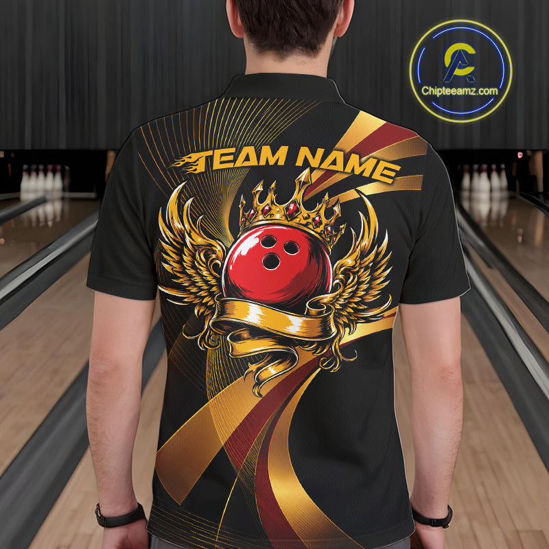 Red And Gold Bowling Ball With Wings And Crown Custom Polo Shirts Bowling Jerseys