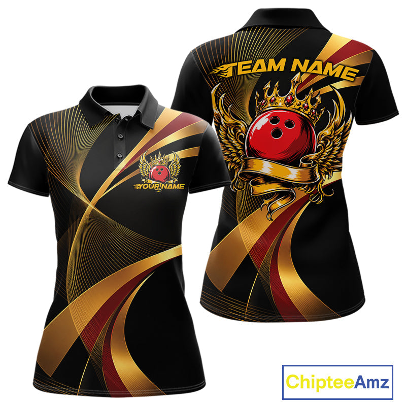 Red And Gold Bowling Ball With Wings And Crown Custom Polo Shirts Bowling Jerseys
