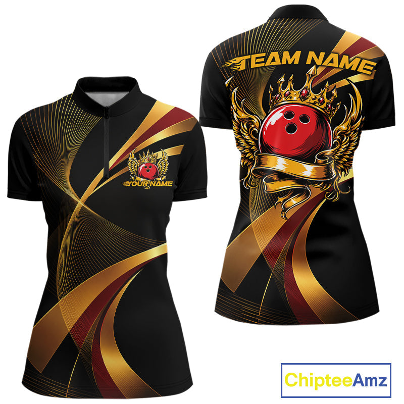 Red And Gold Bowling Ball With Wings And Crown Custom Quarter-Zip Shirts