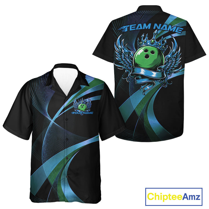 Blue And Green Bowling Ball With Wings And Crown Custom And Hawaiian Shirts Bowling Jerseys