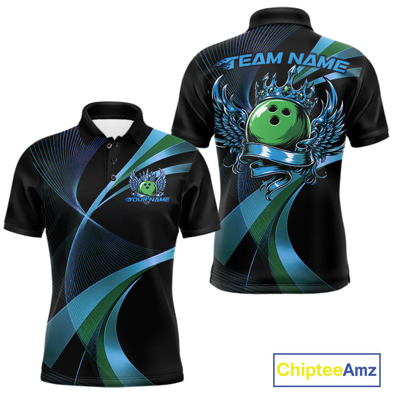 Blue And Green Bowling Ball With Wings And Crown Custom Polo Shirts Bowling Jerseys