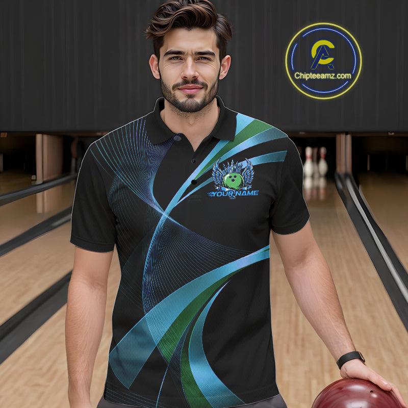 Blue And Green Bowling Ball With Wings And Crown Custom Polo Shirts Bowling Jerseys