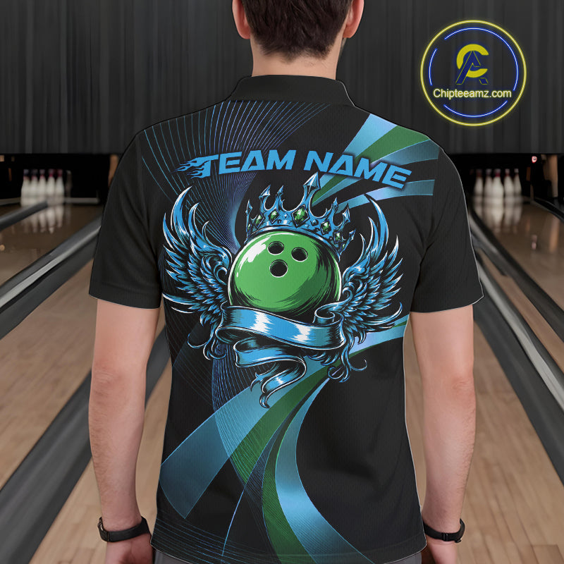 Blue And Green Bowling Ball With Wings And Crown Custom Polo Shirts Bowling Jerseys