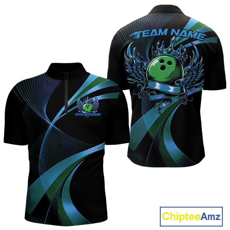 Blue And Green Bowling Ball With Wings And Crown Custom Quarter-Zip Shirts Bowling Jerseys