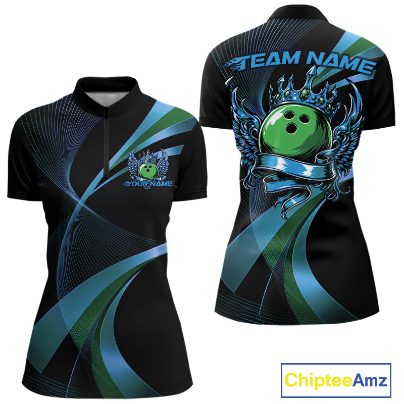 Blue And Green Bowling Ball With Wings And Crown Custom Quarter-Zip Shirts