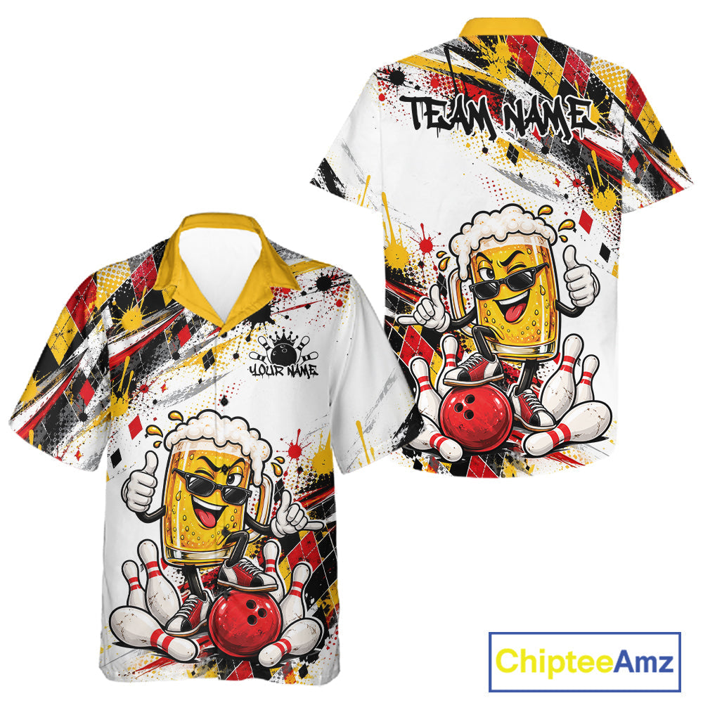 Yellow And Red Splatter Argyle Pattern Funny Beer Custom Bowling And Button Up Shirt