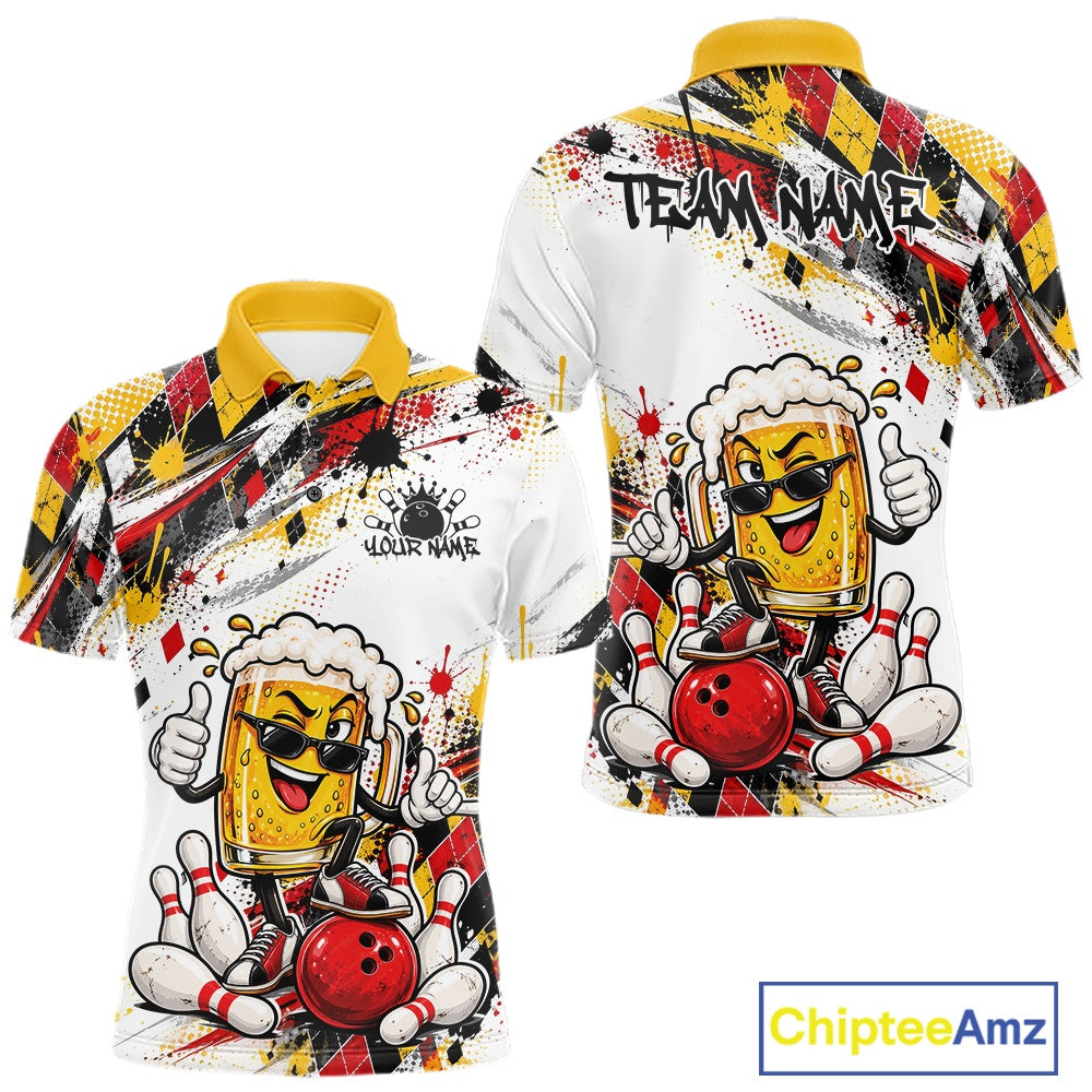 Yellow And Red Splatter Argyle Pattern Funny Beer Custom Bowling Polo Shirt