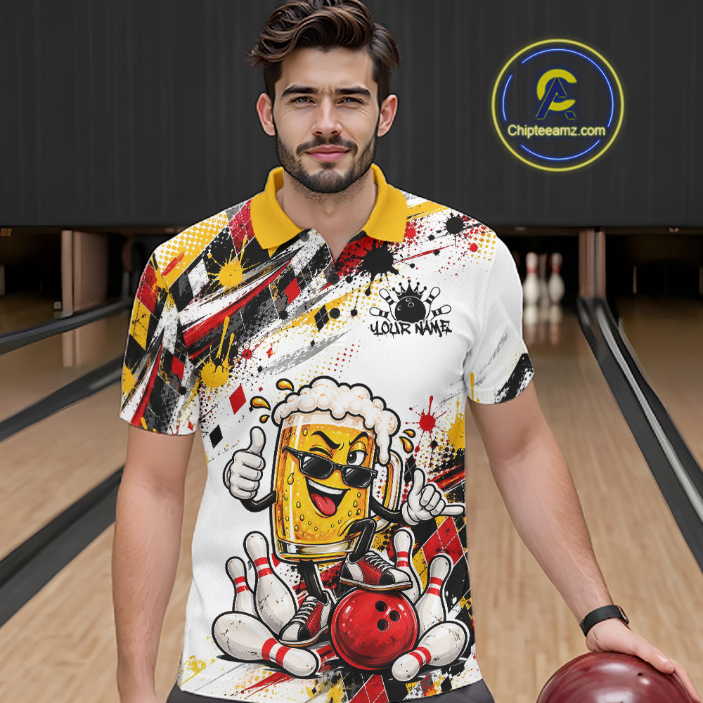 Yellow And Red Splatter Argyle Pattern Funny Beer Custom Bowling Polo Shirt