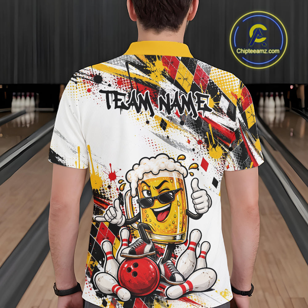 Yellow And Red Splatter Argyle Pattern Funny Beer Custom Bowling Polo Shirt