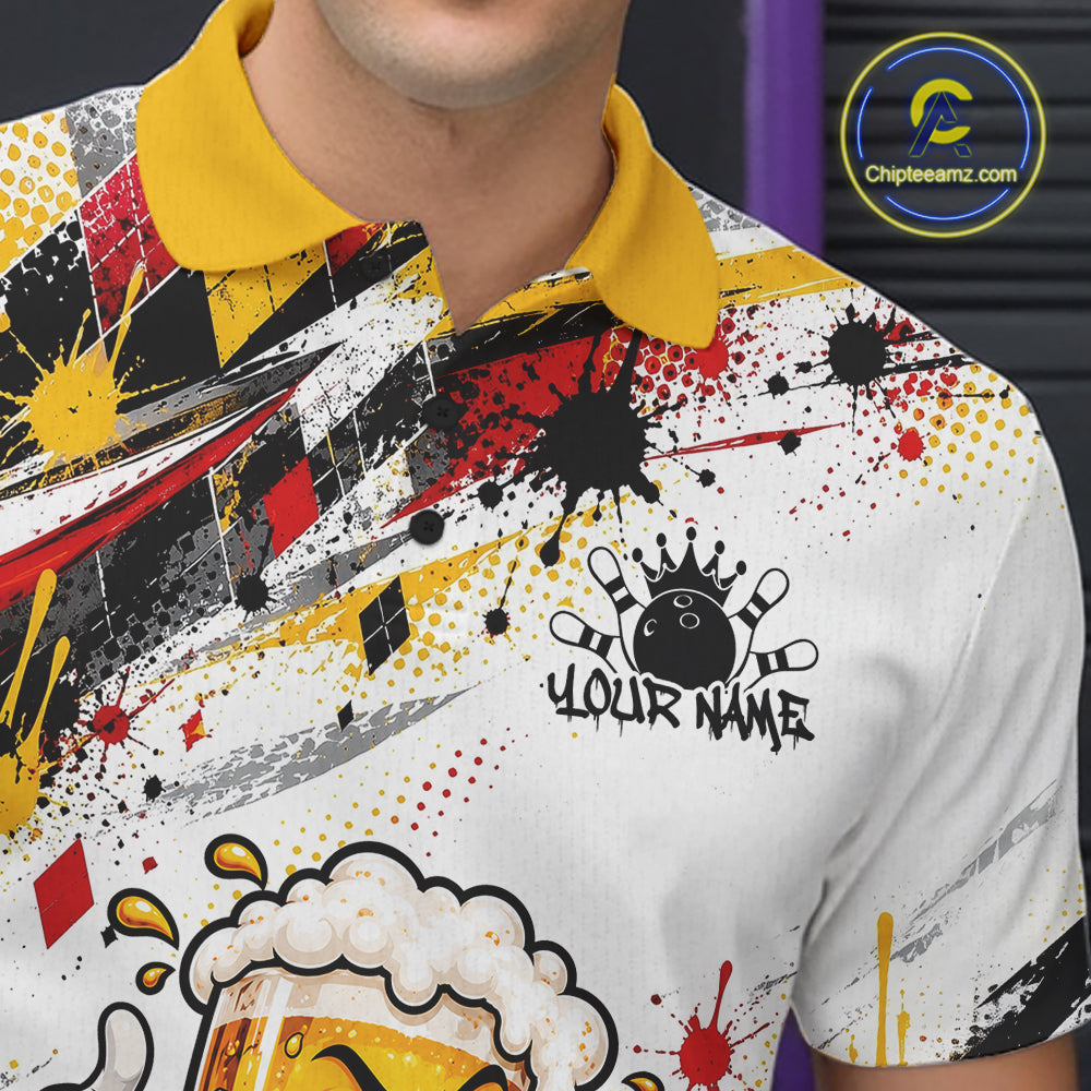 Yellow And Red Splatter Argyle Pattern Funny Beer Custom Bowling Polo Shirt