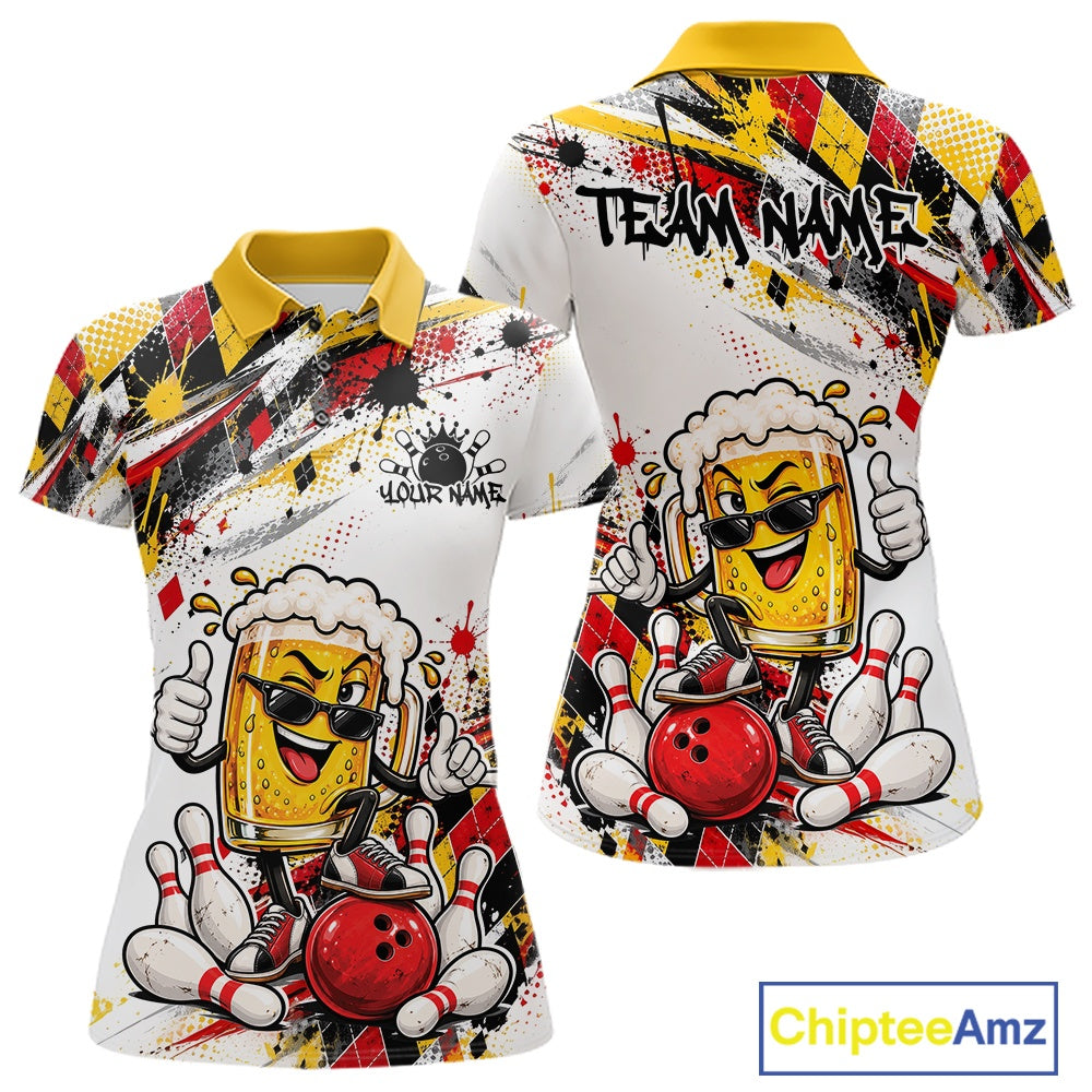 Yellow And Red Splatter Argyle Pattern Funny Beer Custom Bowling Polo Shirt