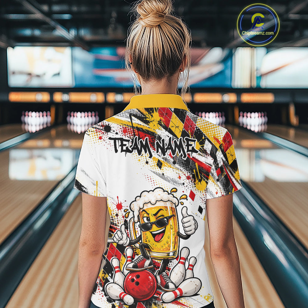 Yellow And Red Splatter Argyle Pattern Funny Beer Custom Bowling Polo Shirt