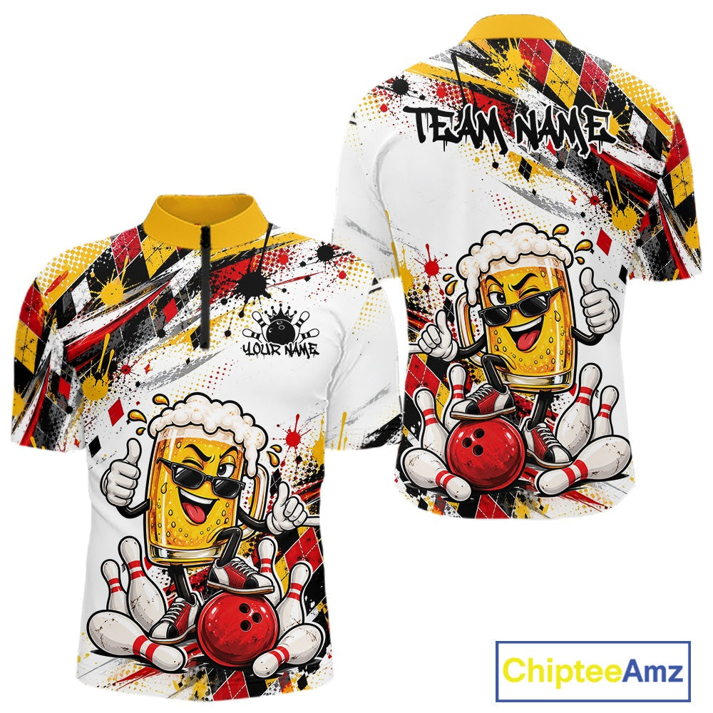 Yellow And Red Splatter Argyle Pattern Funny Beer Custom Bowling Quarter Zip Shirt
