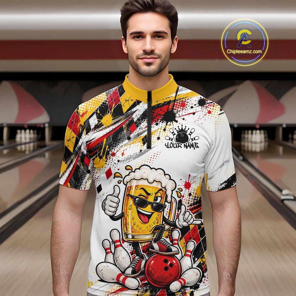 Yellow And Red Splatter Argyle Pattern Funny Beer Custom Bowling Quarter Zip Shirt