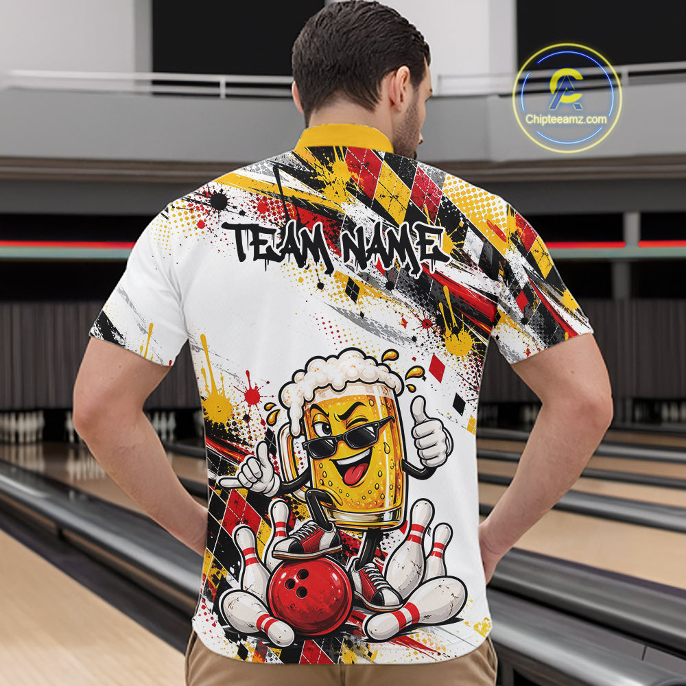 Yellow And Red Splatter Argyle Pattern Funny Beer Custom Bowling Quarter Zip Shirt