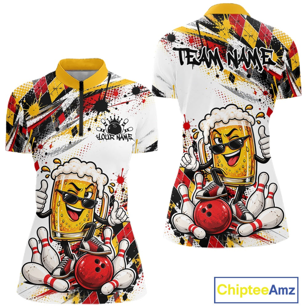 Yellow And Red Splatter Argyle Pattern Funny Beer Custom Bowling Quarter-Zip Shirt