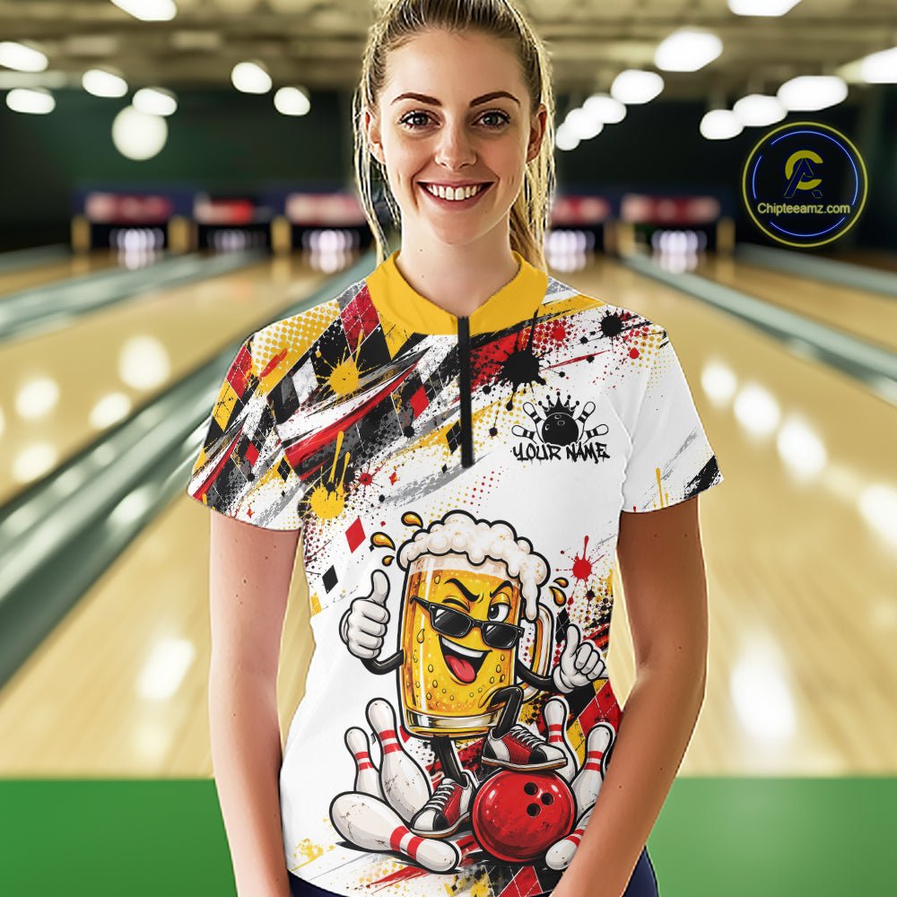 Yellow And Red Splatter Argyle Pattern Funny Beer Custom Bowling Quarter-Zip Shirt